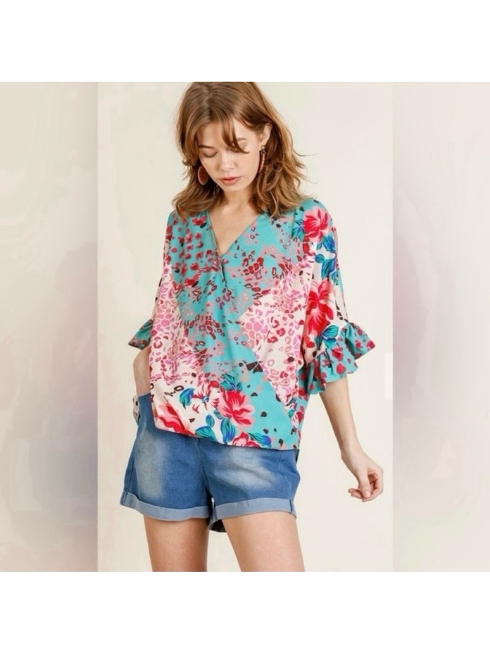 Umgee multicolor Floral Animal
Print Ruffle Top chic vibrant lightweight